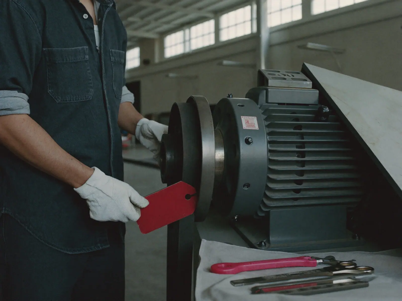 Manos con guantes cambiando la banda de un motor industrial